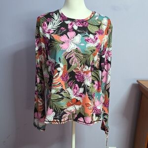 Roxy Tropical Floral Long Sleeve Swim Top in Pink, Green & Black